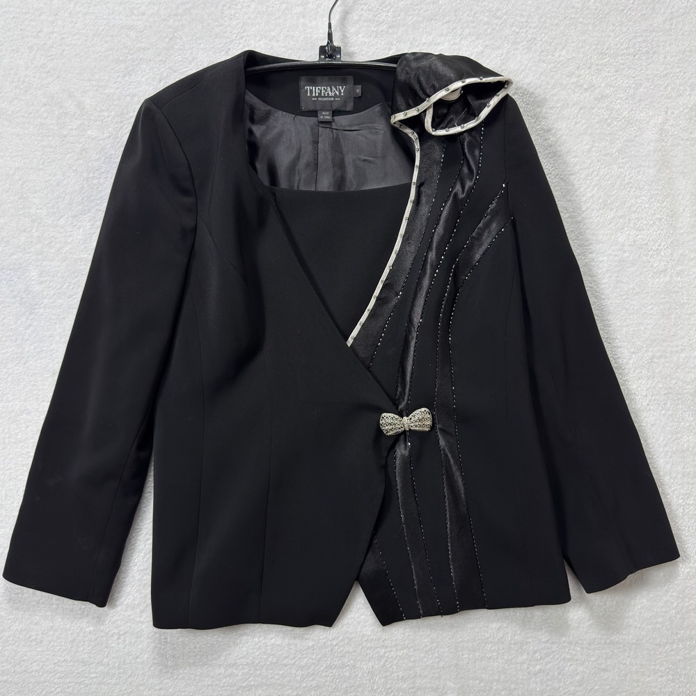 Tiffany Collection VTG Blazer Women 10 Black Rhinestone Bow Evening Jacket